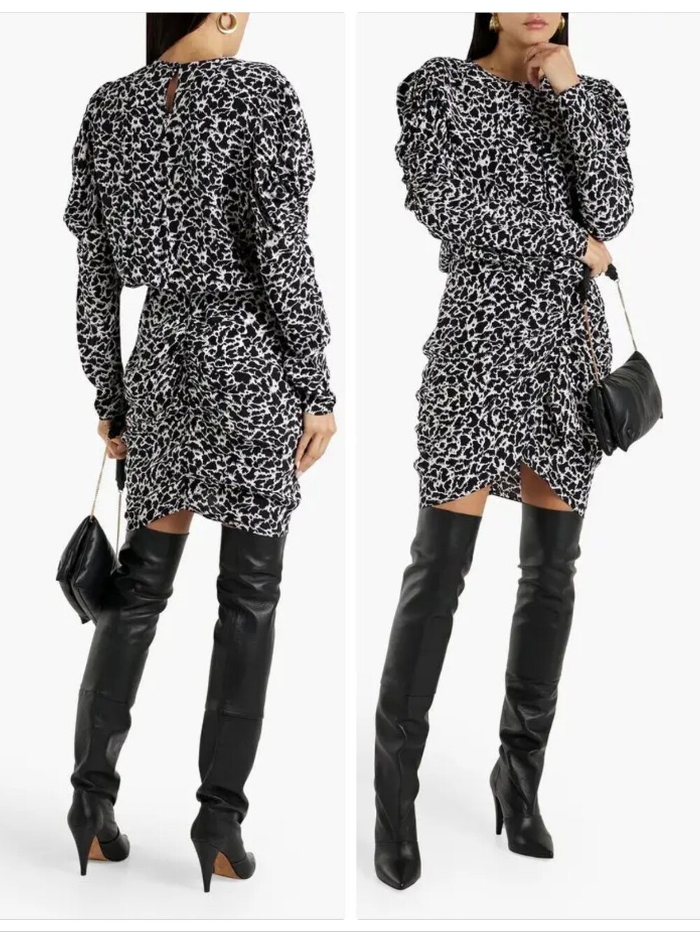 NWT Isabel Etoile Marant Selwyn Dress Black White Ruched Long Sleeves Womens 10